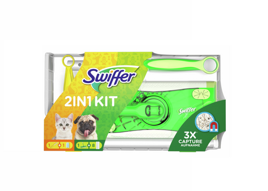 Kit Swiffer Limpiasuelos + Toallitas Suelos Secos y Plumero + Recambio Ideal para Mascotas